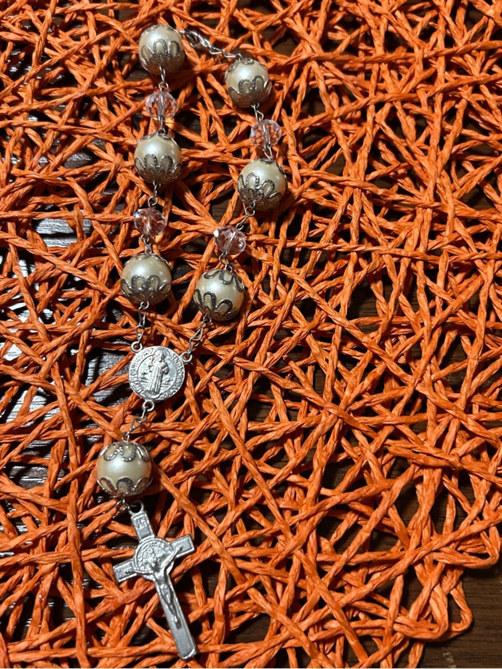 Vintage Rosary Saint Benedict chaplet pearl color beads Christian Catholic